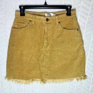 MinkPink Denim MP/D Frayed Hem Corduroy Skirt High Waist Tan - S